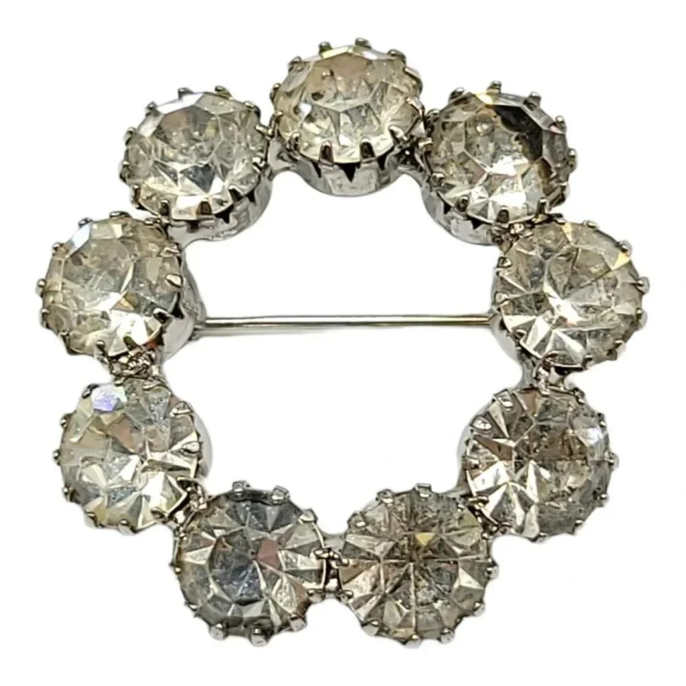 Large Silver Toned Clear Rhinestone Wreath Circle Brooch Vintage 1.5"